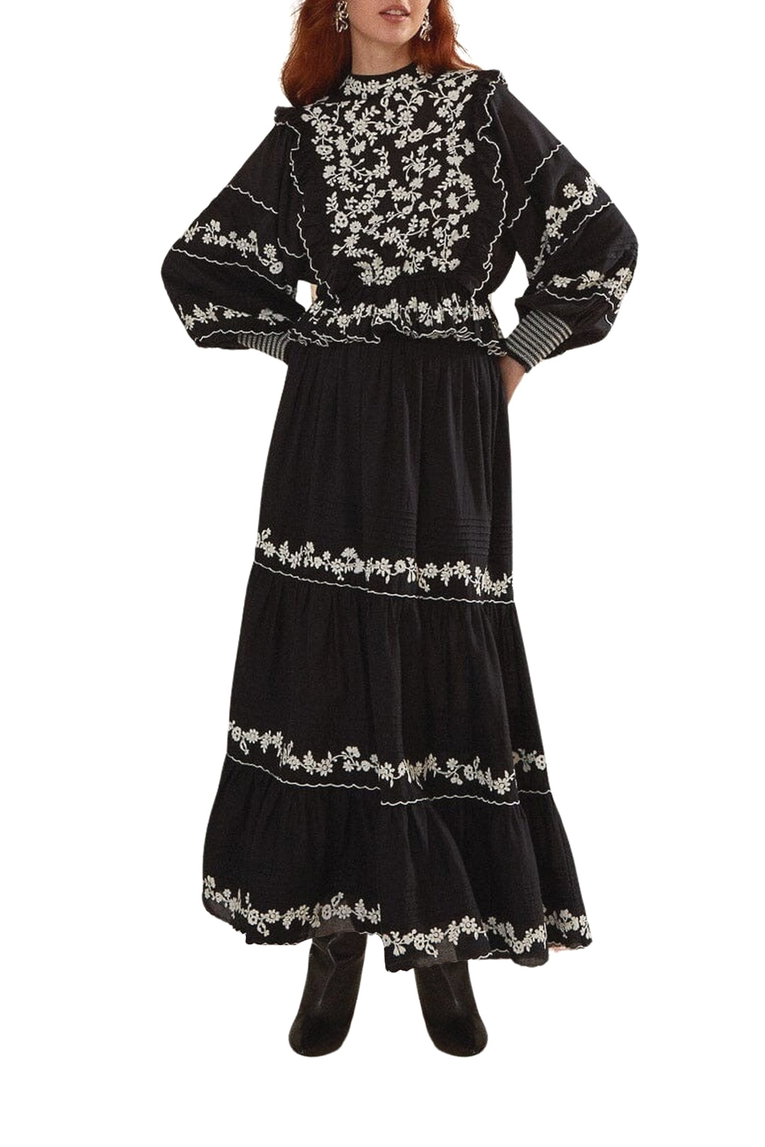 Blouse à manches longues et volants brodés en coton - Noir