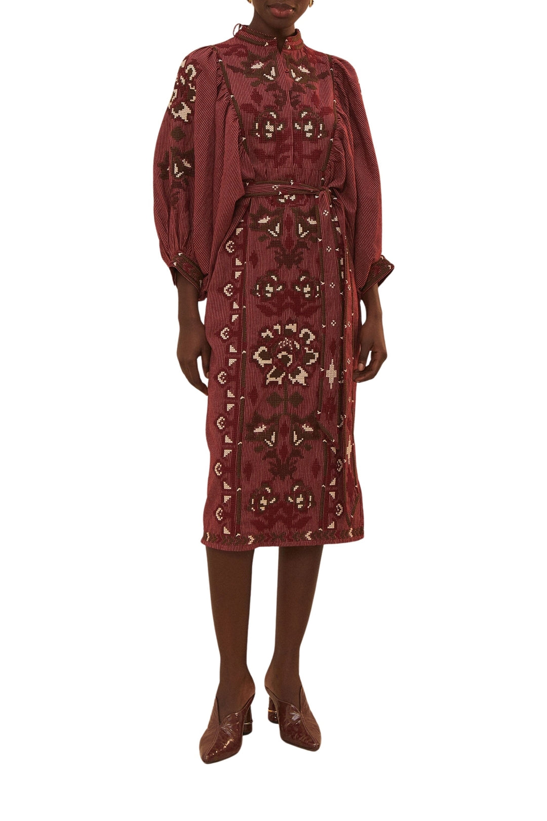 Robe midi Tooucans à manches longues en lin - Bordeaux