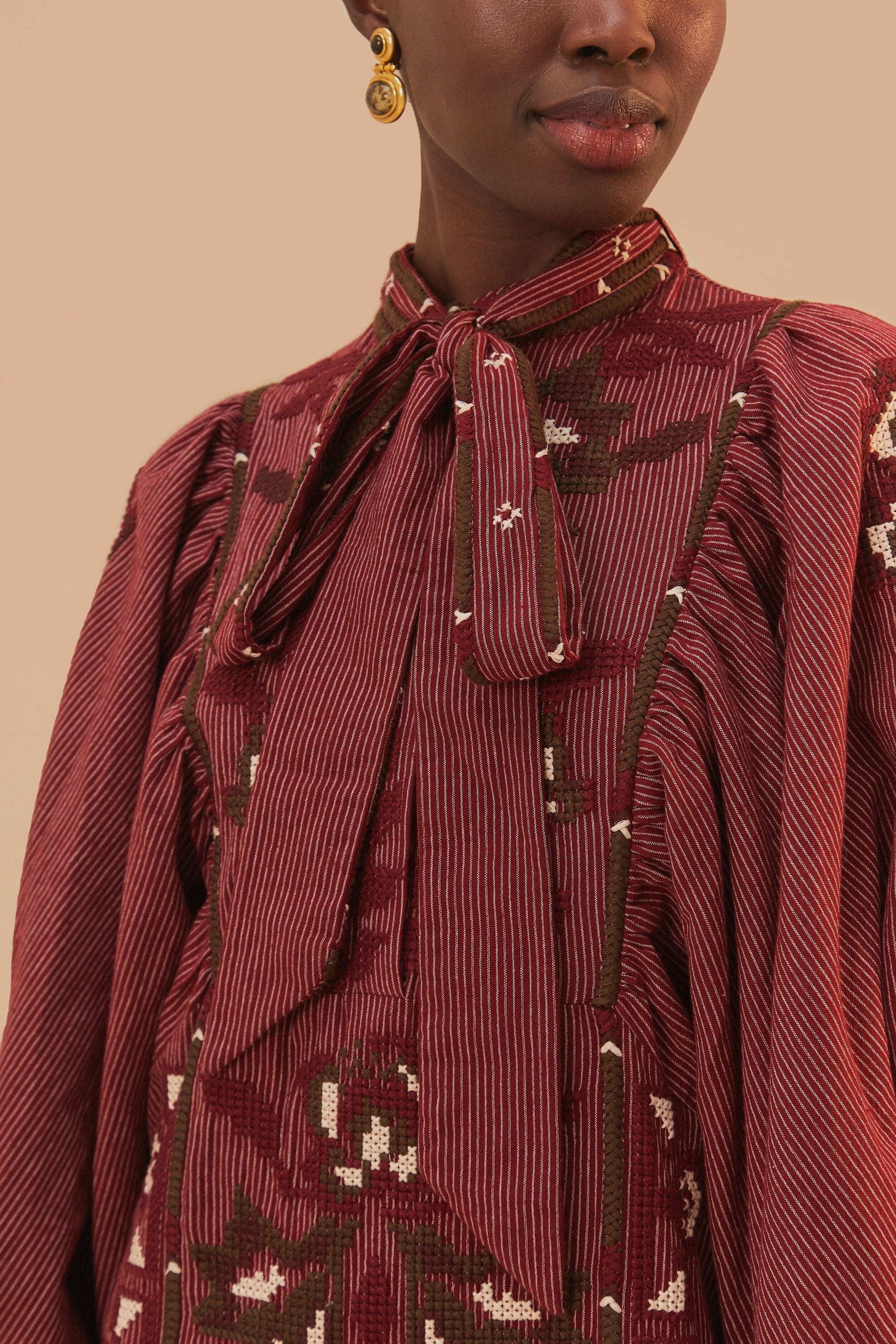 Robe midi Tooucans à manches longues en lin - Bordeaux