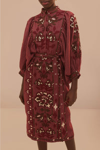 Robe midi Tooucans à manches longues en lin - Bordeaux