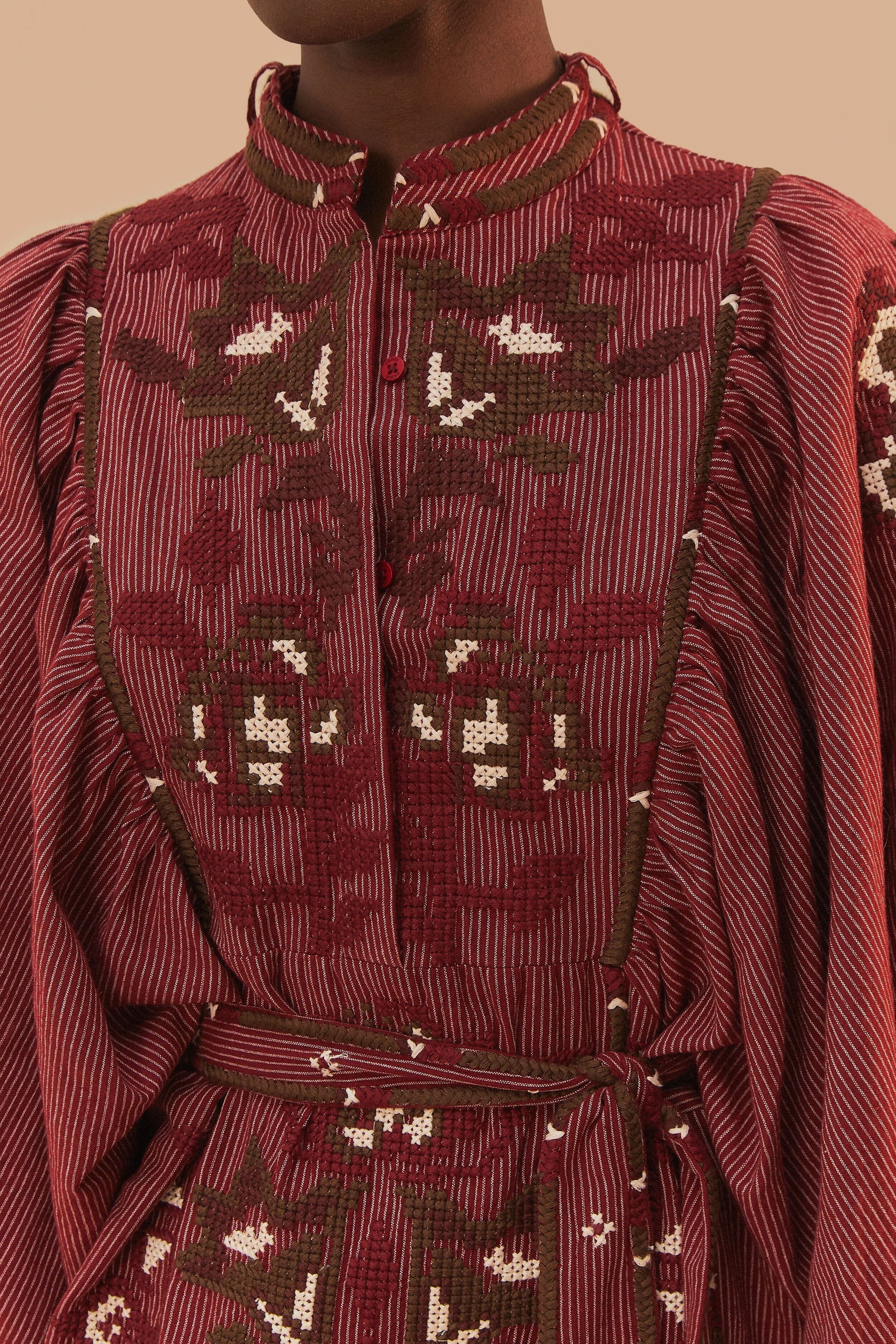 Robe midi Tooucans à manches longues en lin - Bordeaux