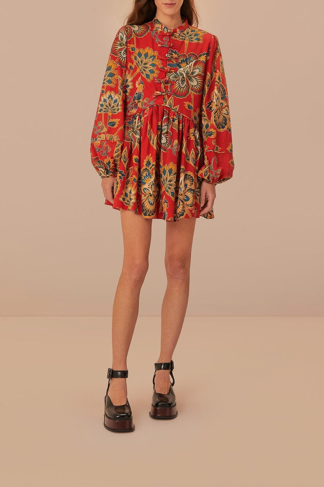 Robe courte à motif floral et manches longues en coton - Rouge