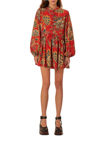 Robe courte à motif floral et manches longues en coton - Rouge