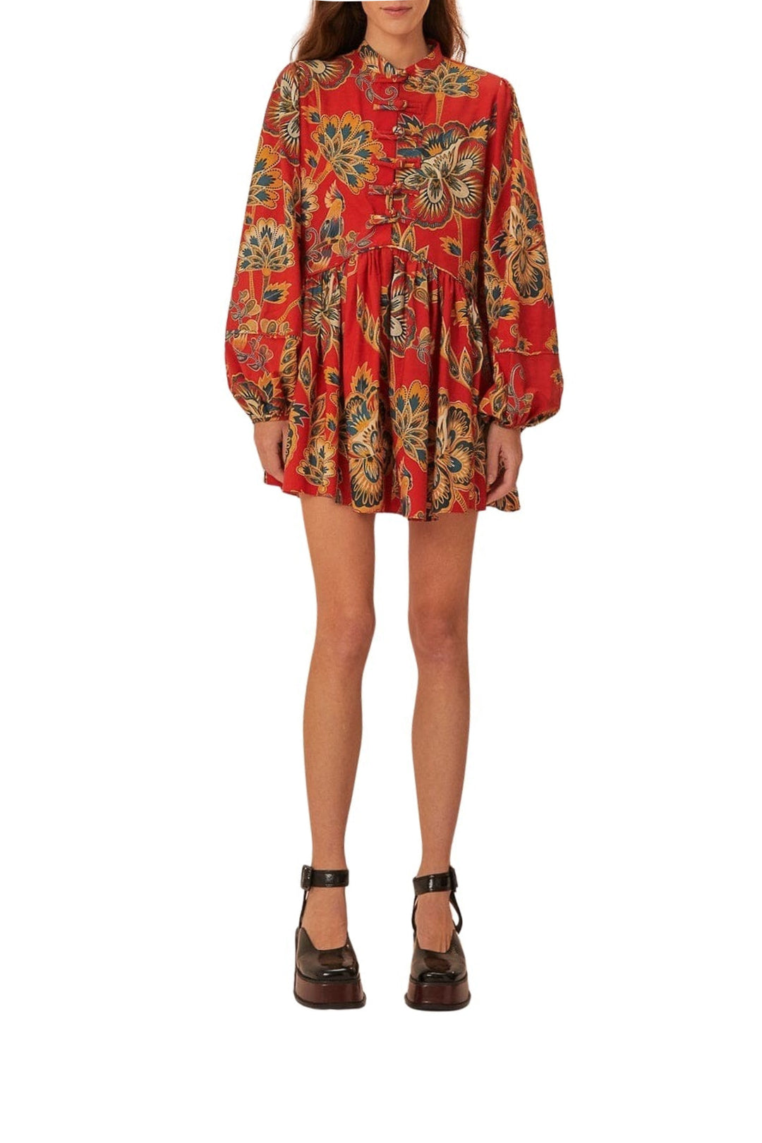 Robe courte à motif floral et manches longues en coton - Rouge