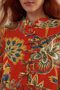 Robe courte à motif floral et manches longues en coton - Rouge
