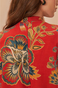 Robe courte à motif floral et manches longues en coton - Rouge