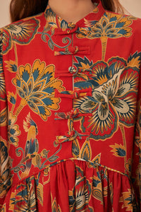 Robe courte à motif floral et manches longues en coton - Rouge