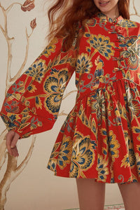 Robe courte à motif floral et manches longues en coton - Rouge