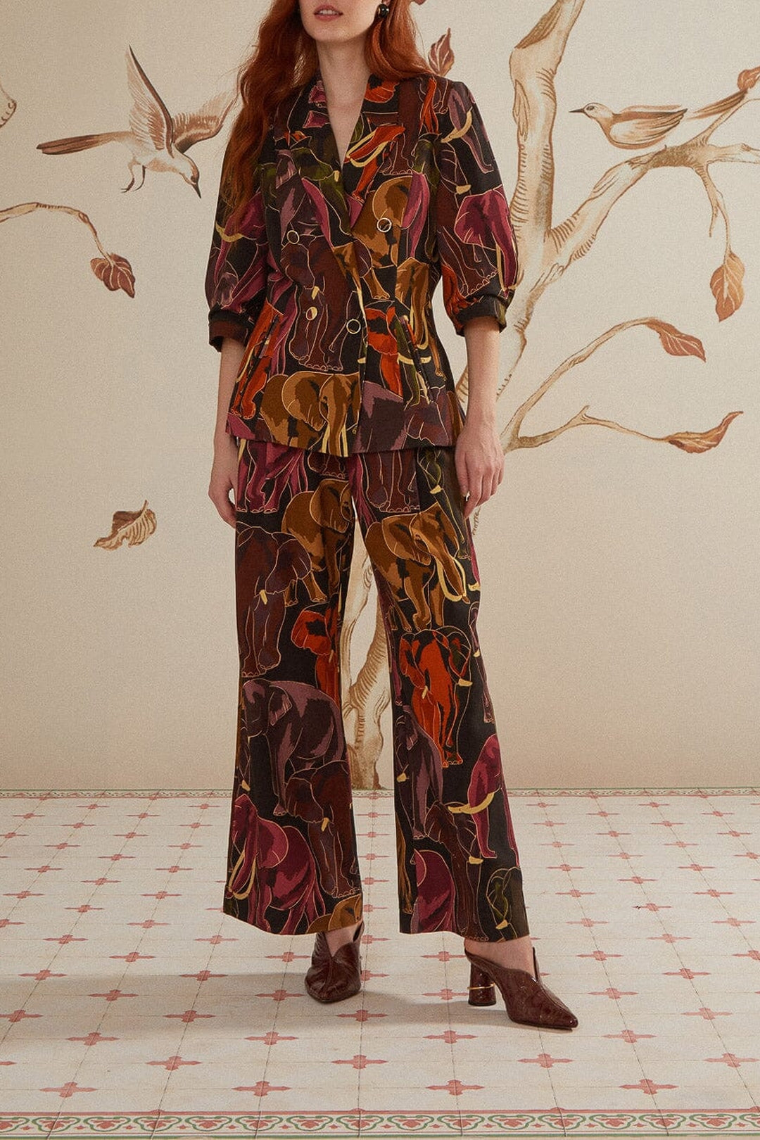 Pantalon à motif éléphants en coton - Marron