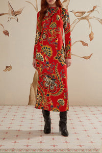 Robe longue longue à motif floral et manches longues - Rouge