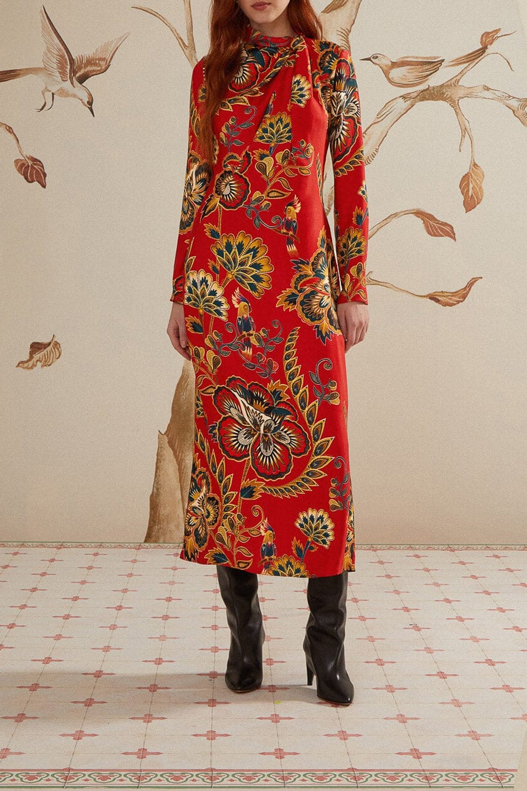 Robe longue longue à motif floral et manches longues - Rouge
