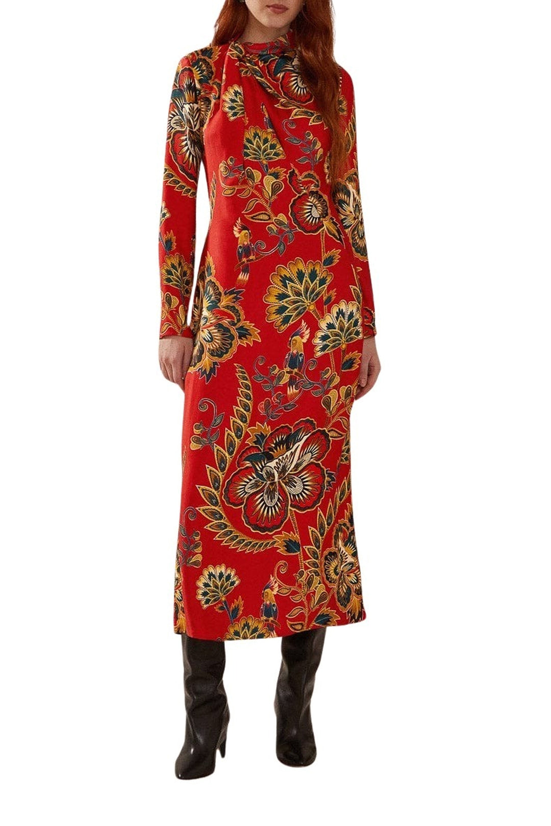 Robe longue longue à motif floral et manches longues - Rouge