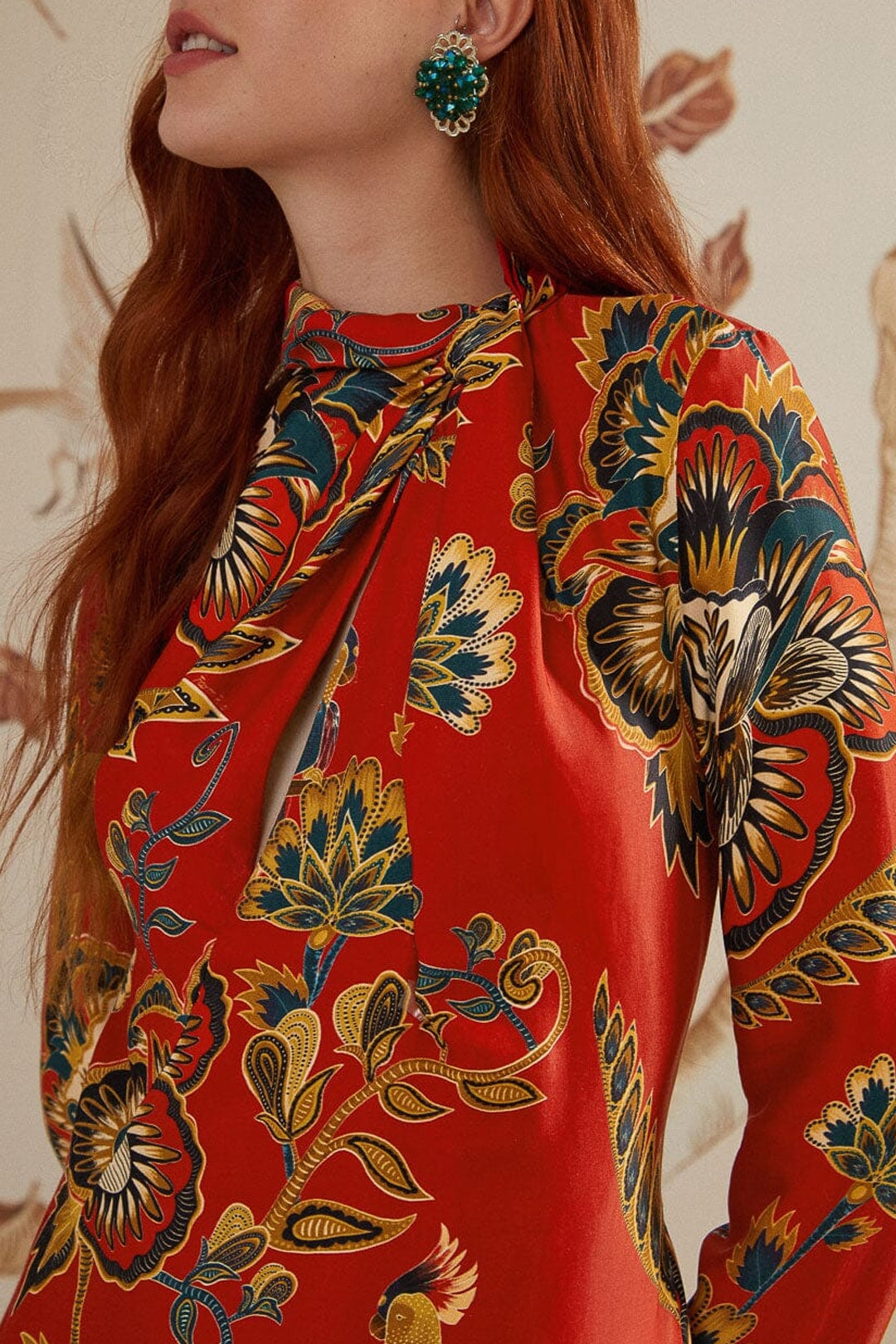 Robe longue longue à motif floral et manches longues - Rouge