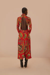 Robe longue longue à motif floral et manches longues - Rouge