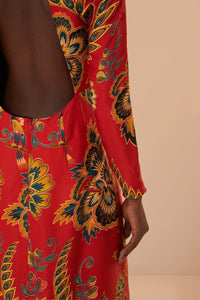 Robe longue longue à motif floral et manches longues - Rouge