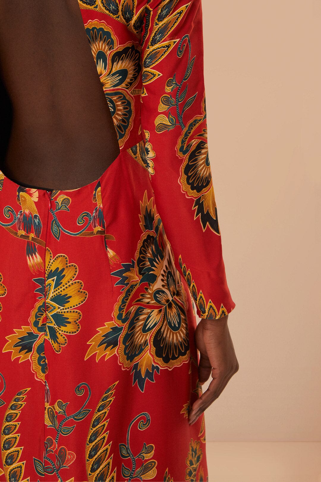 Robe longue longue à motif floral et manches longues - Rouge