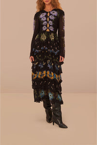 Robe longue à manches longues et jupe à volants - Noir