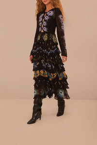 Robe longue à manches longues et jupe à volants - Noir