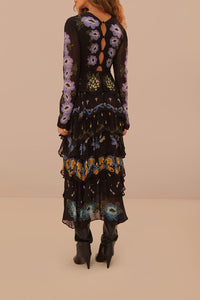 Robe longue à manches longues et jupe à volants - Noir