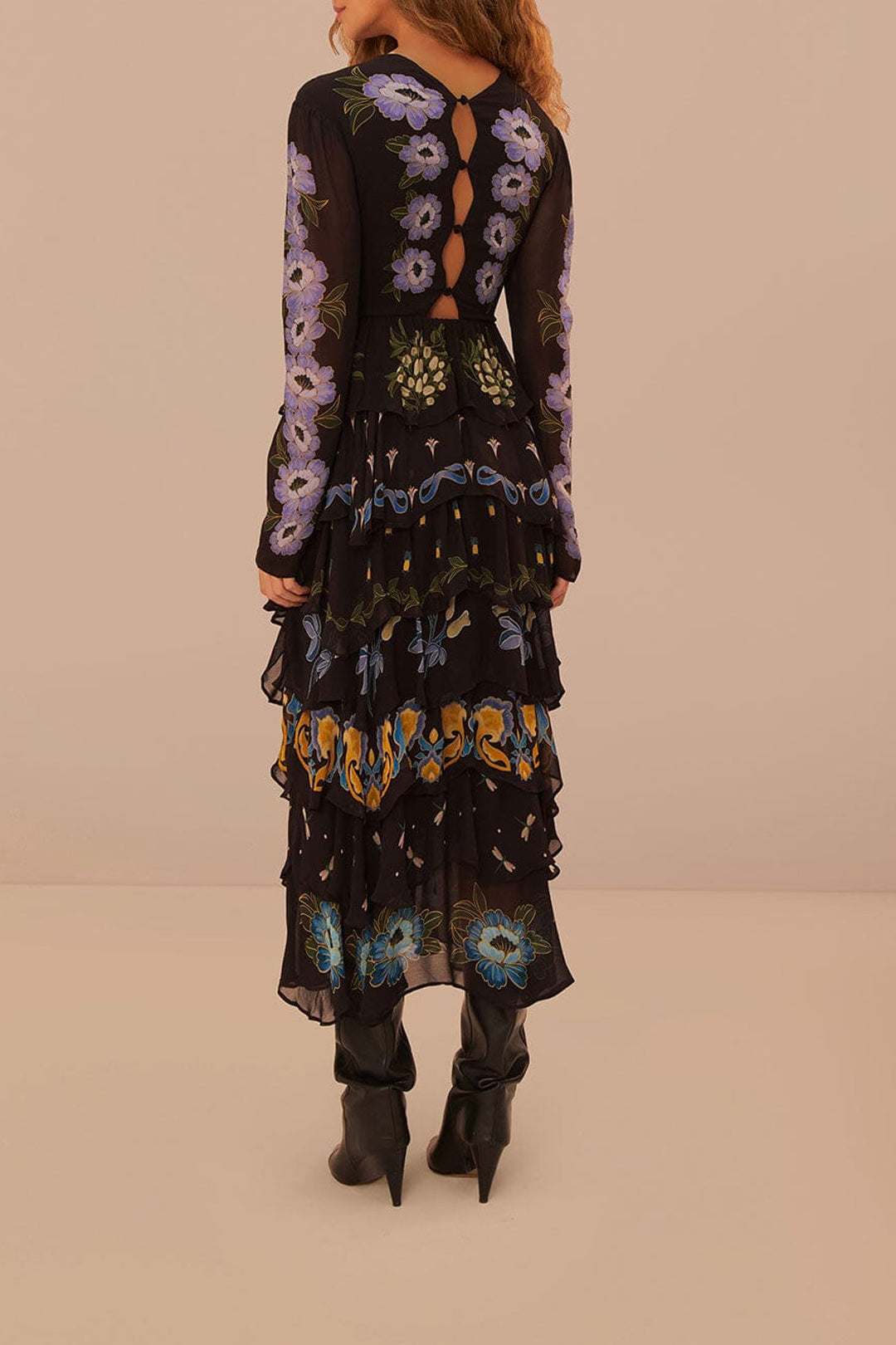 Robe longue à manches longues et jupe à volants - Noir