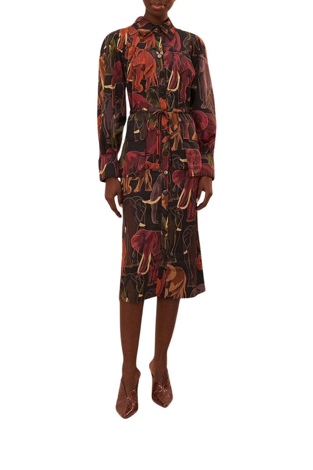 Robe midi à manches longues Elephants en coton - Marron