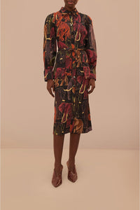 Robe midi à manches longues Elephants en coton - Marron