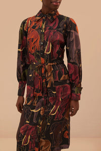 Robe midi à manches longues Elephants en coton - Marron