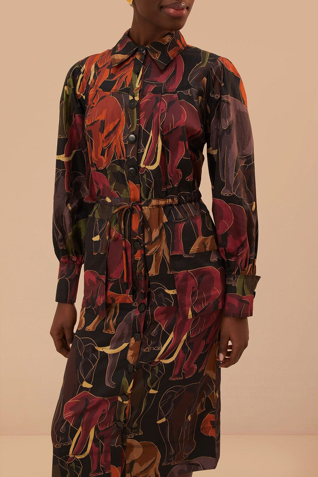 Robe midi à manches longues Elephants en coton - Marron