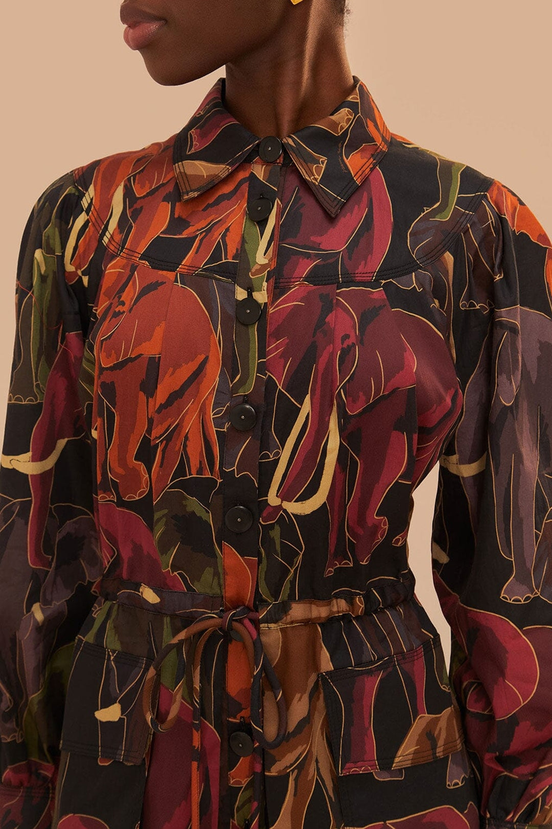 Robe midi à manches longues Elephants en coton - Marron