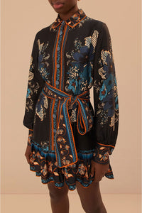 Robe courte Blossom Tapestry à manches longues - Noir
