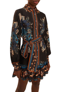Robe courte Blossom Tapestry à manches longues - Noir