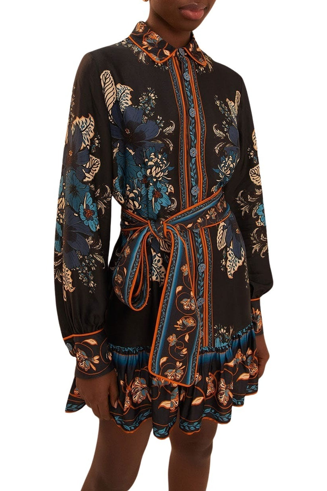 Robe courte Blossom Tapestry à manches longues - Noir