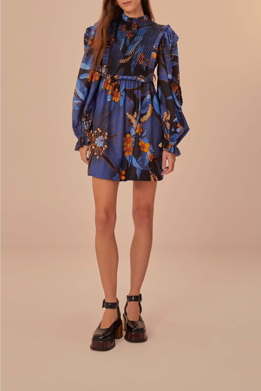 Robe courte à motif floral pietra en coton - Bleu