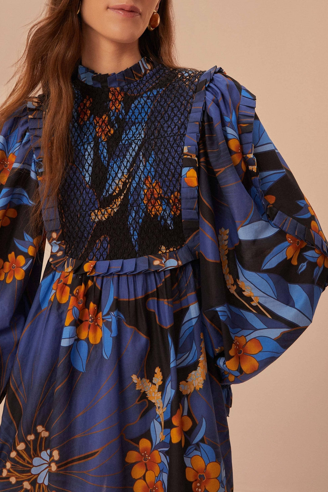Robe courte à motif floral pietra en coton - Bleu