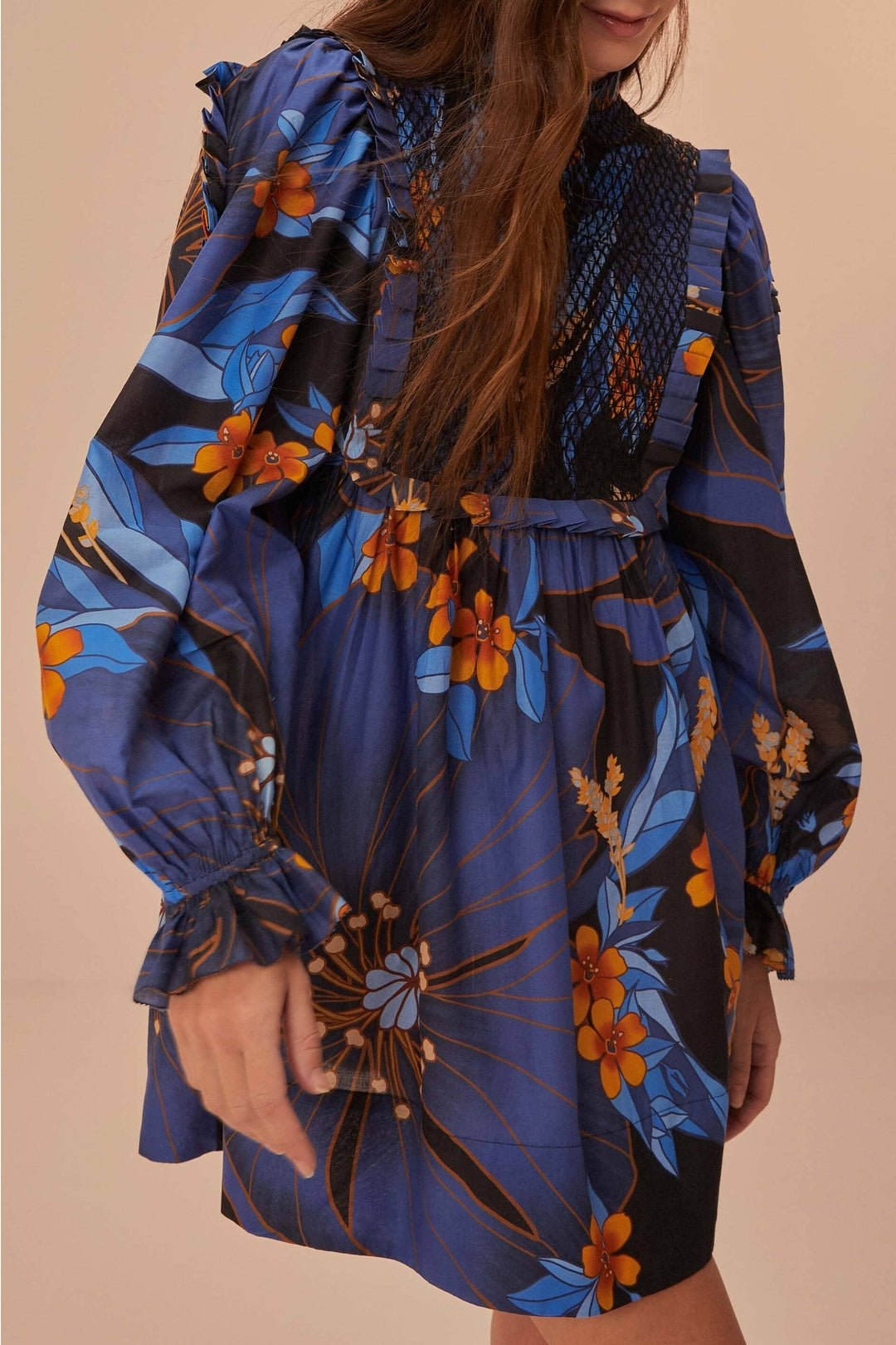 Robe courte à motif floral pietra en coton - Bleu