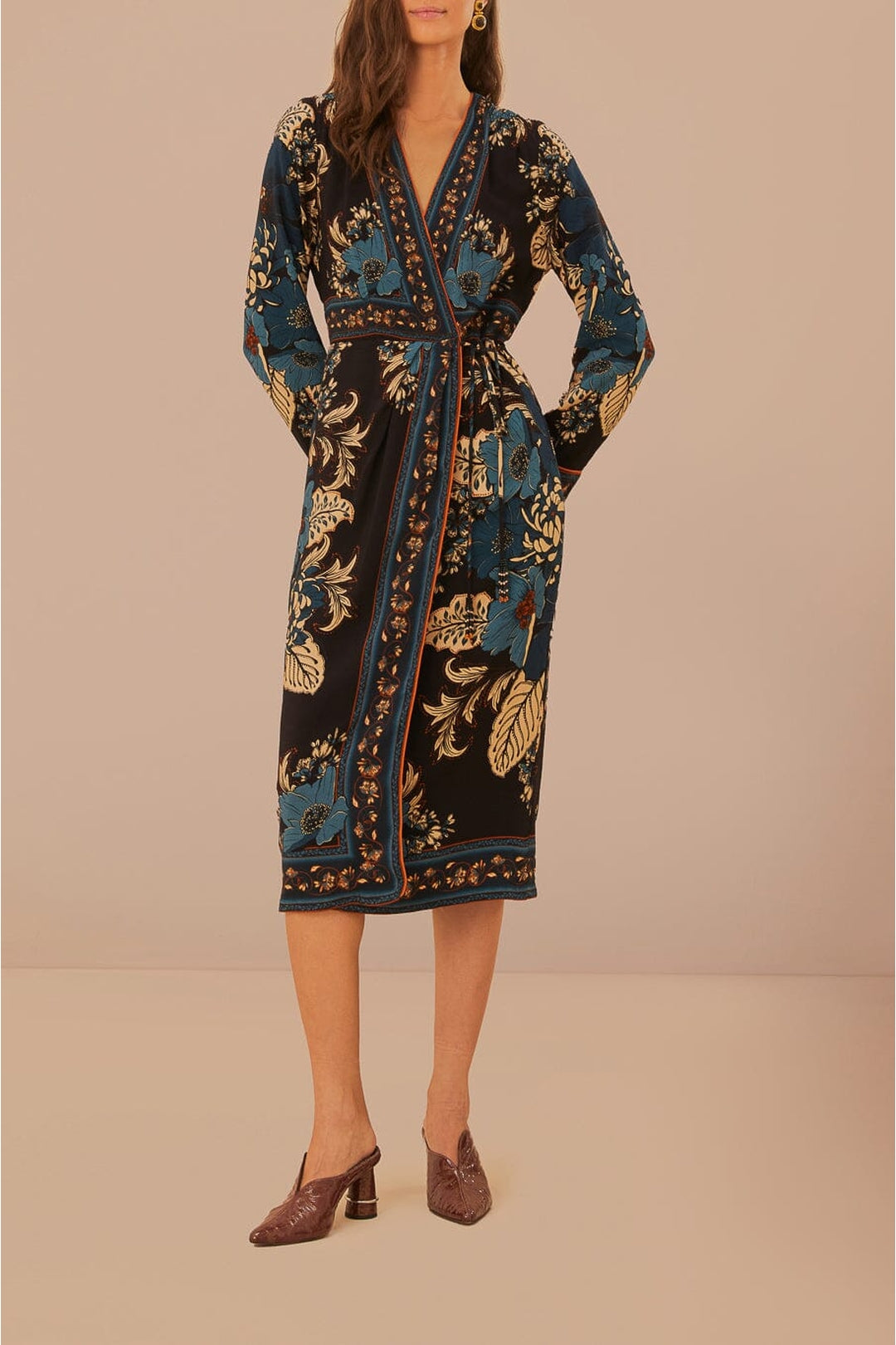 Robe midi portefeuille Blossom Tapestry - Bleu