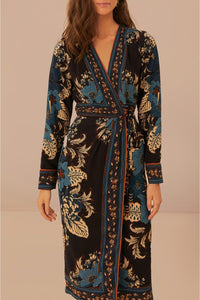Robe midi portefeuille Blossom Tapestry - Bleu