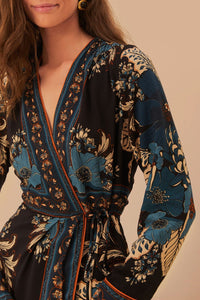 Robe midi portefeuille Blossom Tapestry - Bleu