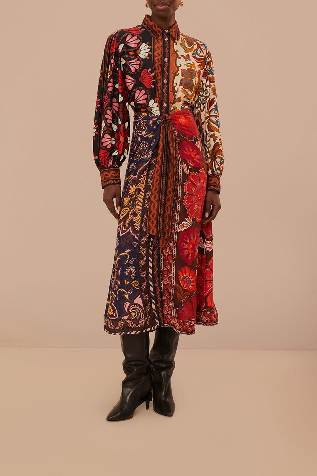 Robe midi chemise multicolore à motifs miranda - Bordeaux