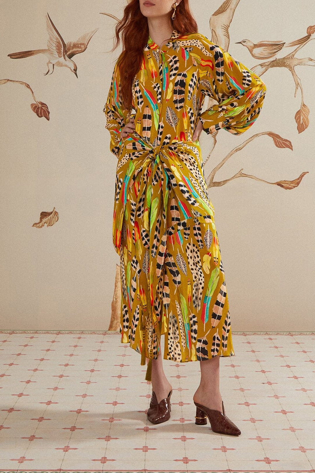 Robe longue à motif plumes d'amazone - Vert