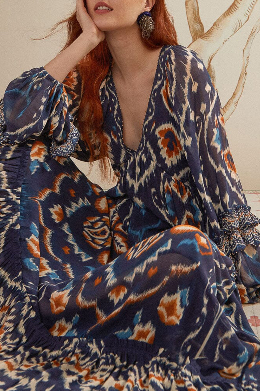 Robe longue Ananas ikat - Bleu