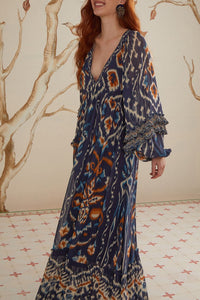 Robe longue Ananas ikat - Bleu