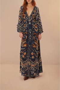 Robe longue Ananas ikat - Bleu
