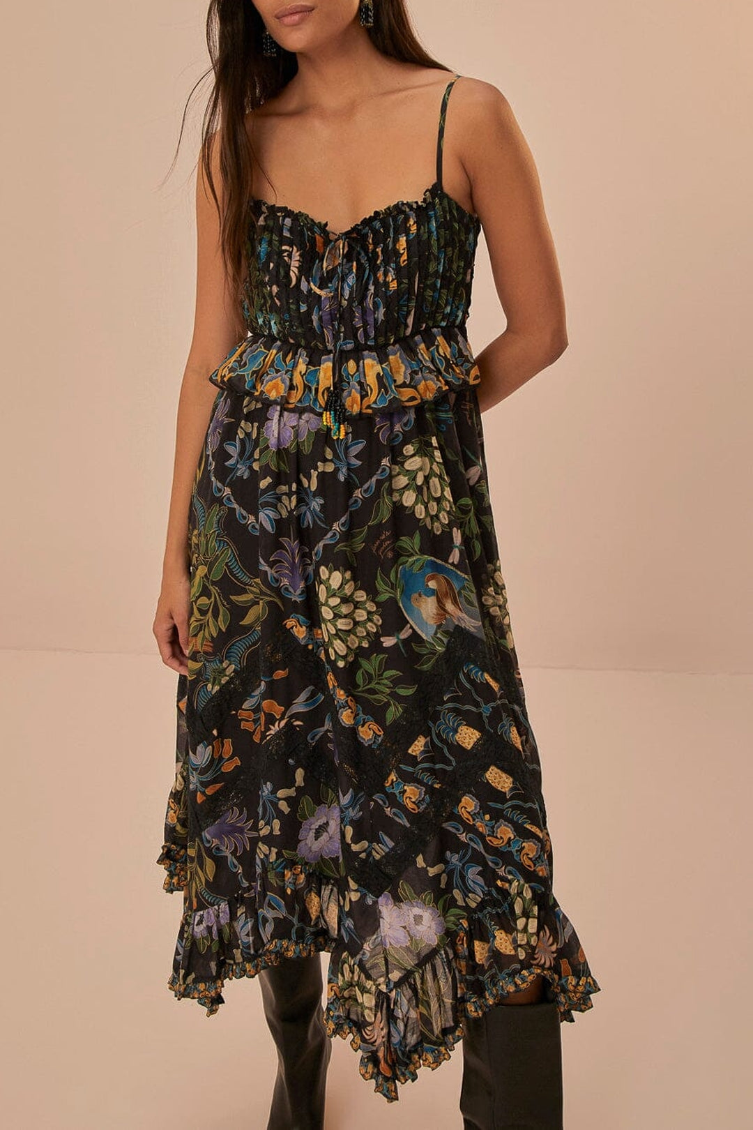 Robe longue Jardin d'hiver sans manches en dentelle plissée - Noir