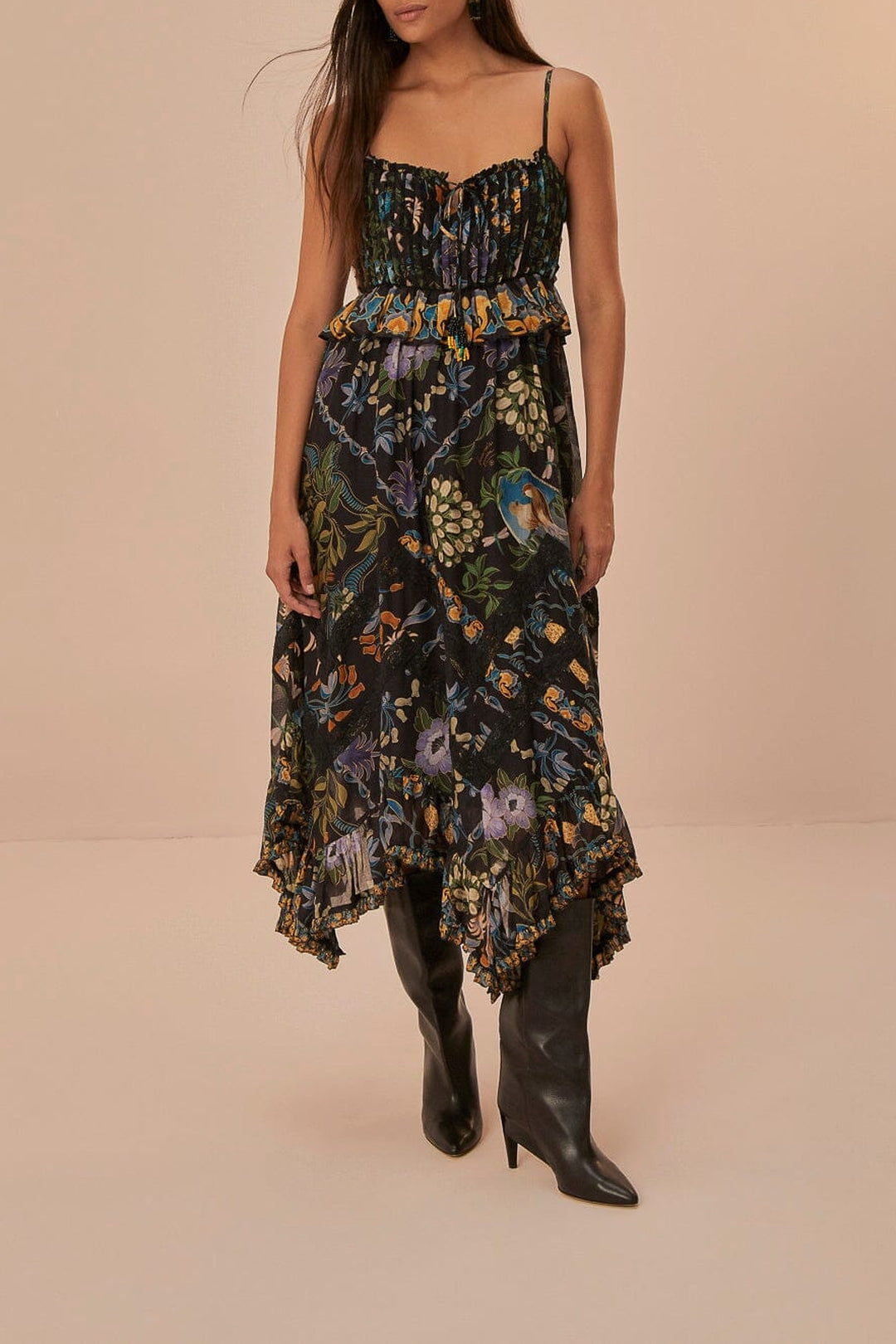 Robe longue Jardin d'hiver sans manches en dentelle plissée - Noir