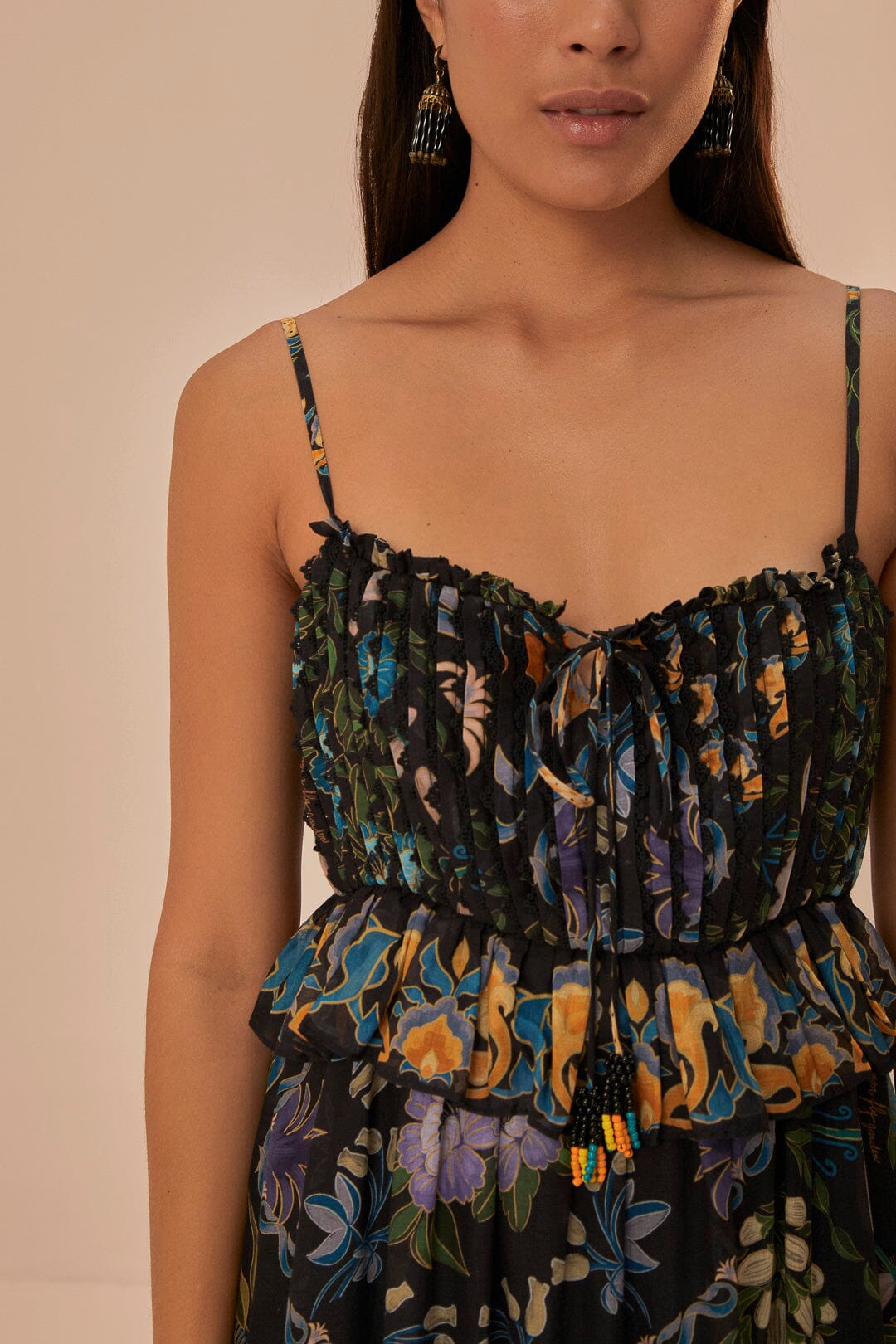 Robe longue Jardin d'hiver sans manches en dentelle plissée - Noir