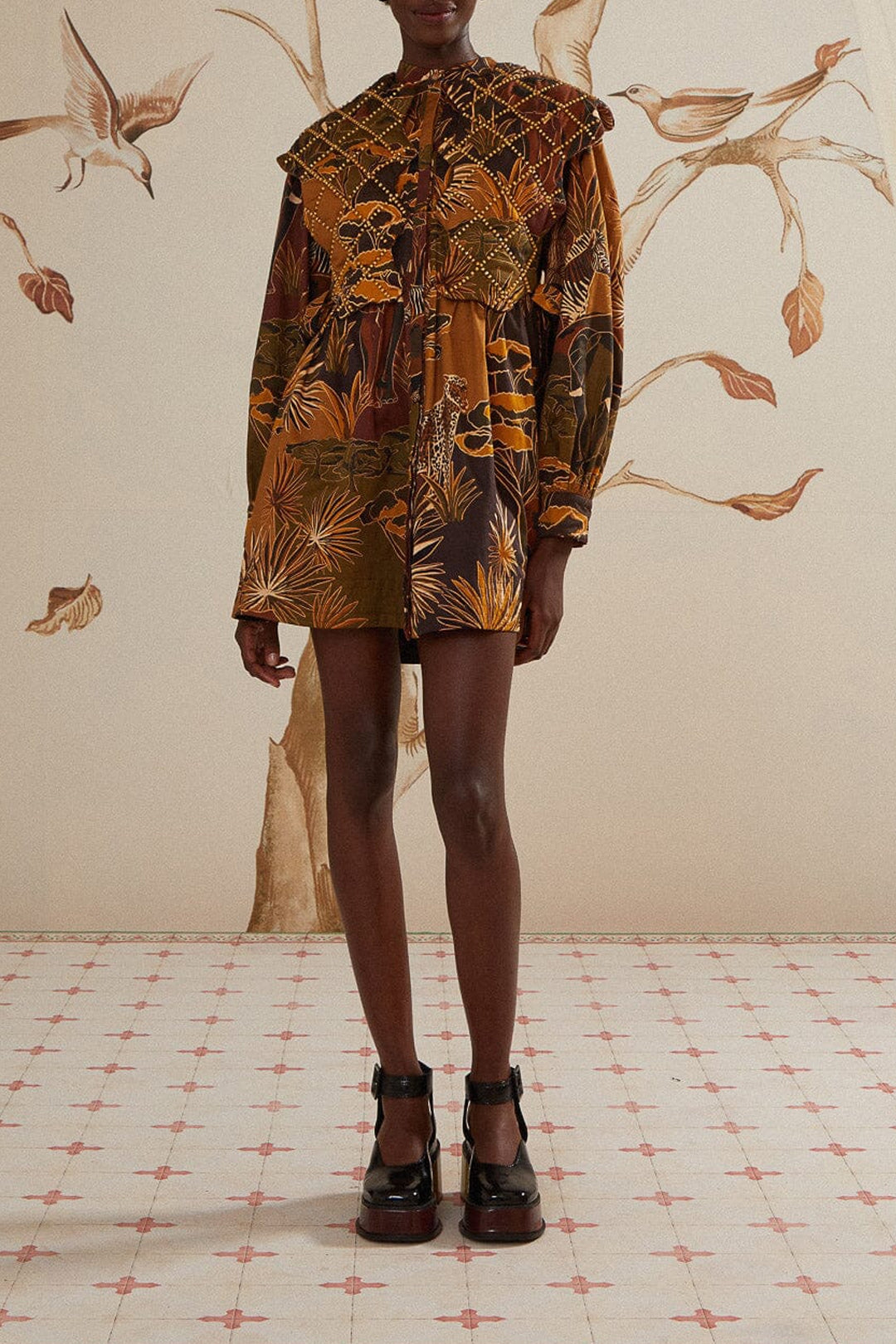 Robe courte Jardin d'hiver à empiècements en coton - Marron