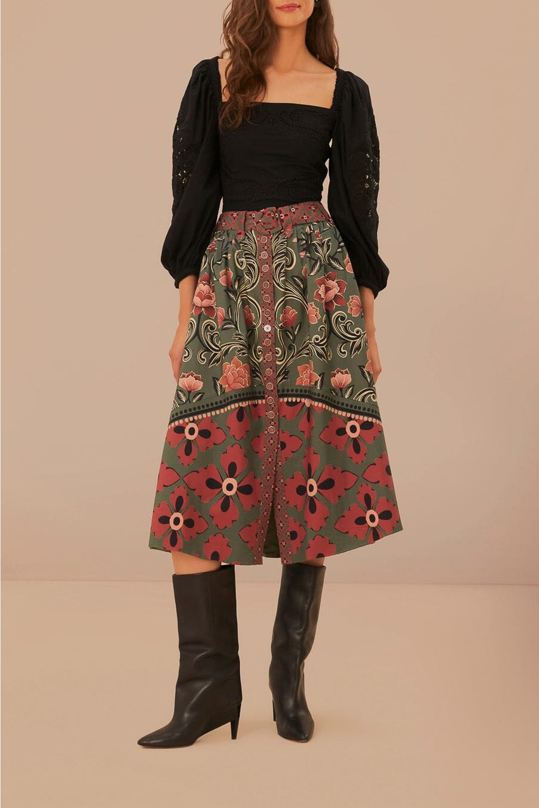 Jupe midi Fleurs Arabesque à boutons en coton - Vert