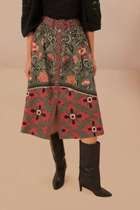 Jupe midi Fleurs Arabesque à boutons en coton - Vert