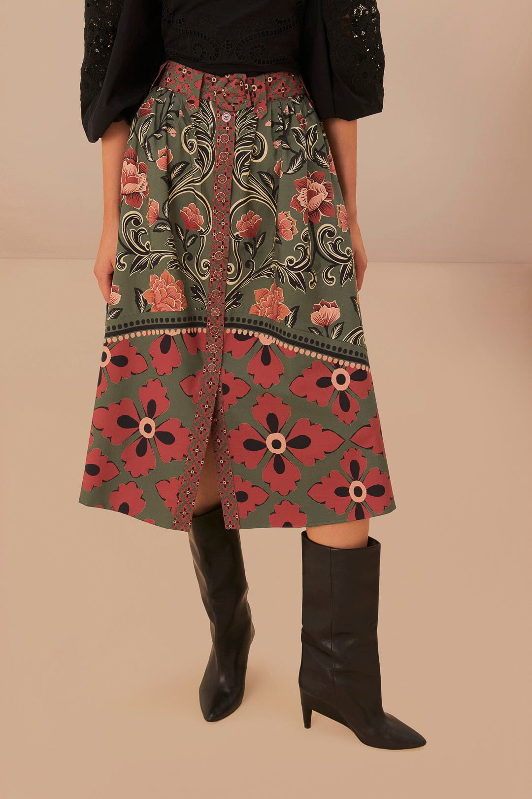 Jupe midi Fleurs Arabesque à boutons en coton - Vert